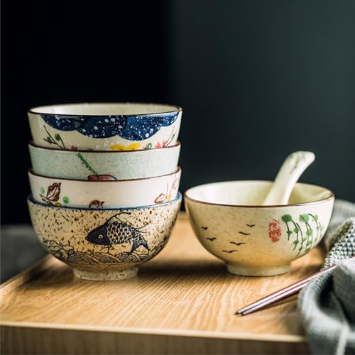 Nagpew 4.5-Inch Retro Japanese Ceramic Rice Bowls, 6-Pack
