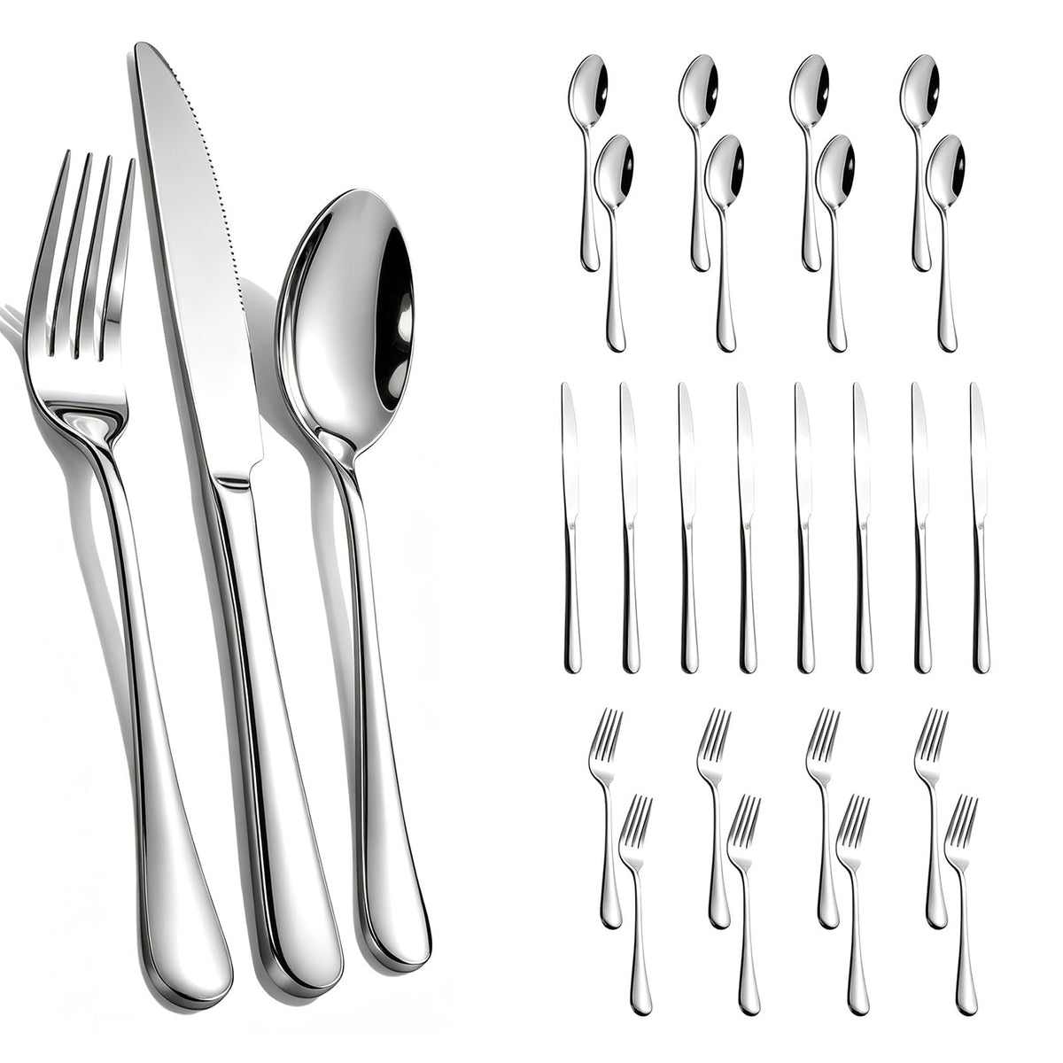 Polished Stainless Steel Silver Flatware Set for Dining