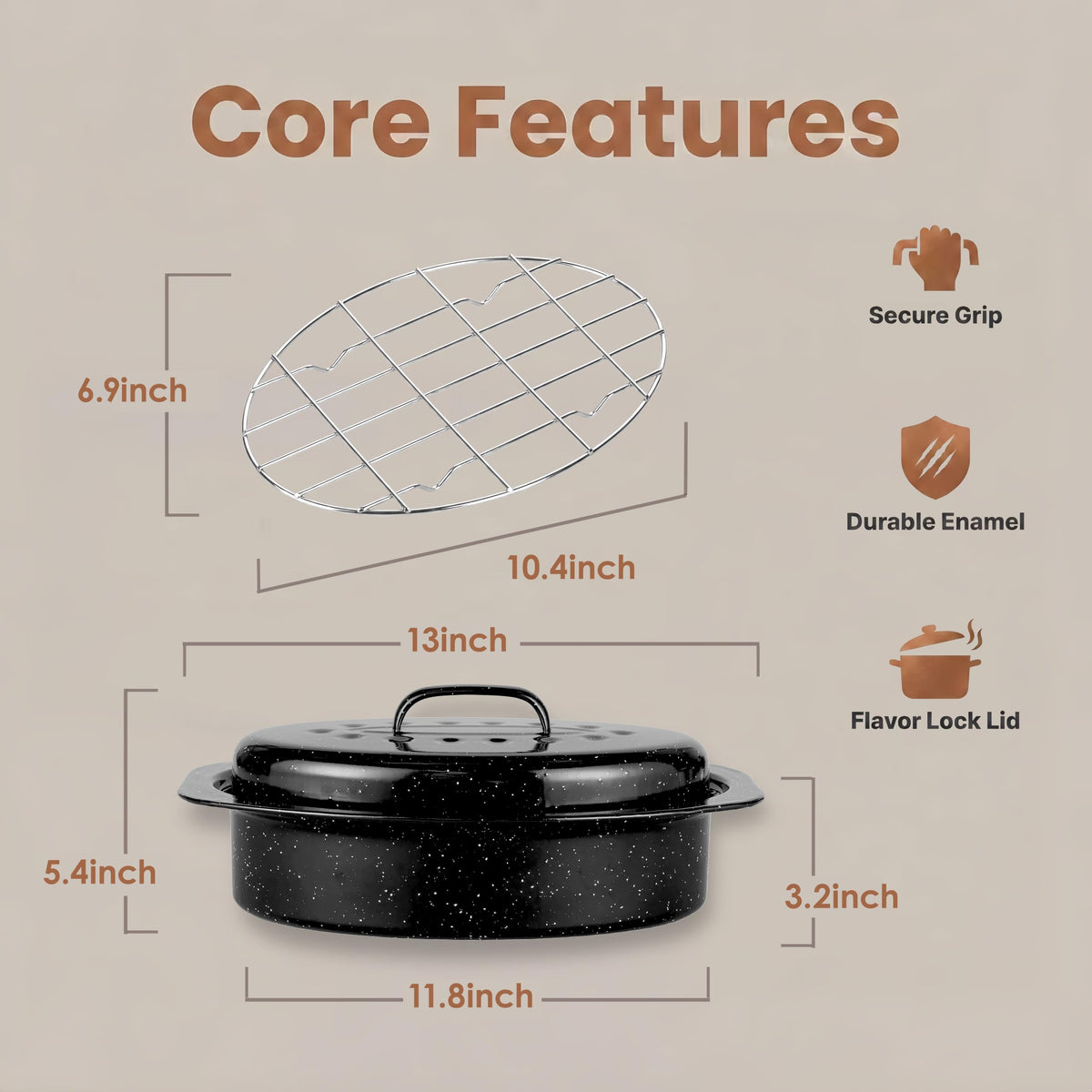 18-Inch Oval Enamel Roasting Pan with Lid & Rack