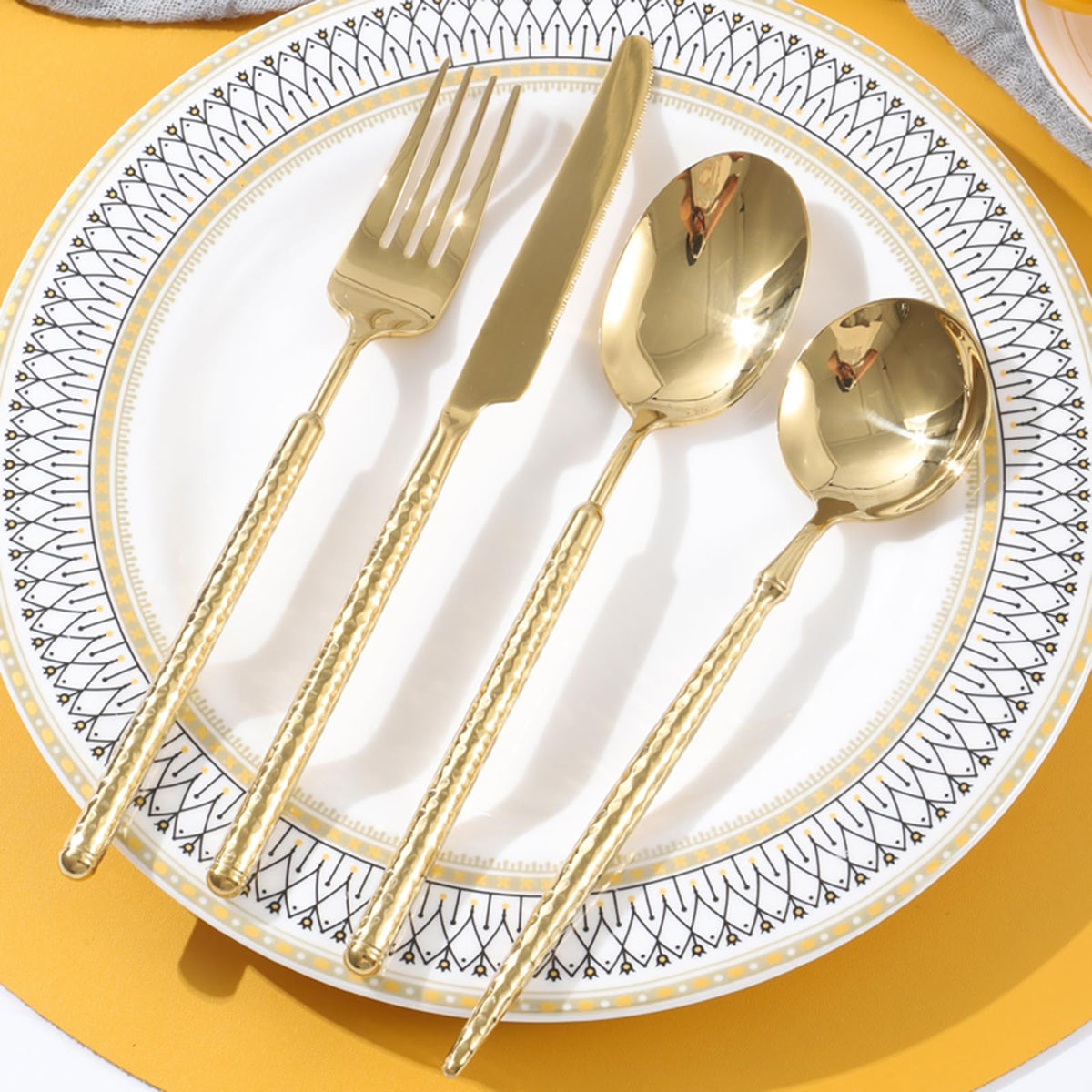 36-Piece Gold Hammered Stainless Steel Flatware Set for 6