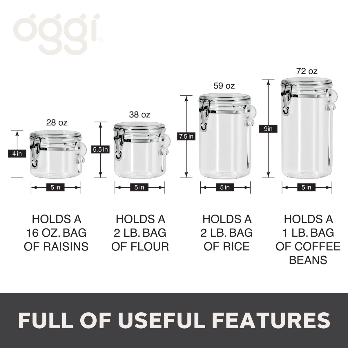 Oggi Airtight Clear Canister Set with Clamp Lids