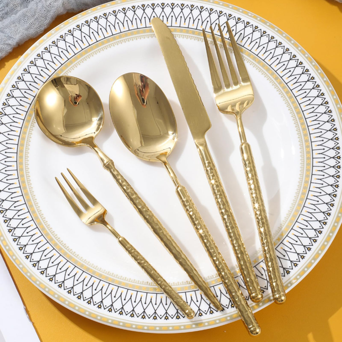 36-Piece Gold Hammered Stainless Steel Flatware Set for 6