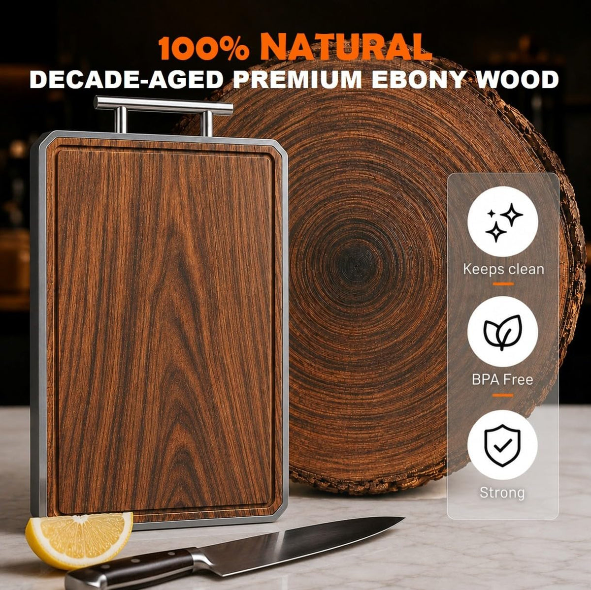 Dual-Sided Titanium & Ebony Wood Cutting Board with Sharpener