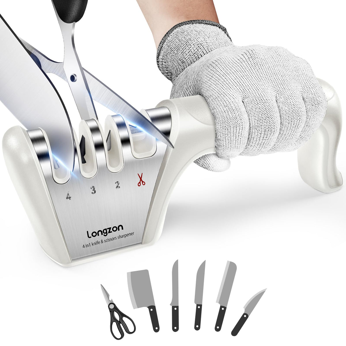 Longzon 5-in-1 4-Stage Knife Sharpener with Safety Glove