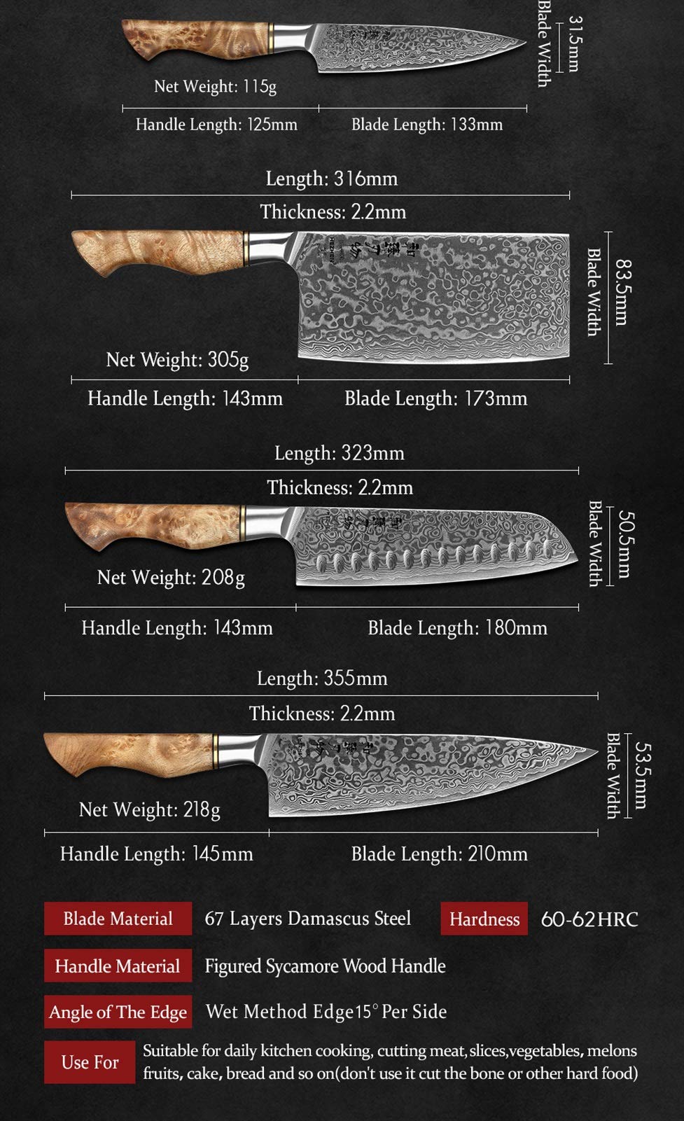 6-Piece Damascus Steel Kitchen Knife Set with Magnetic Holder