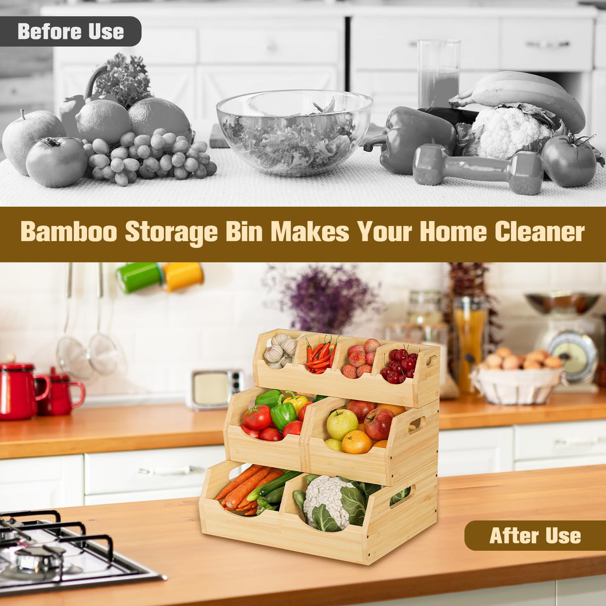 MTGSTOCL Stackable Bamboo Potato & Onion Storage Bin with Rack