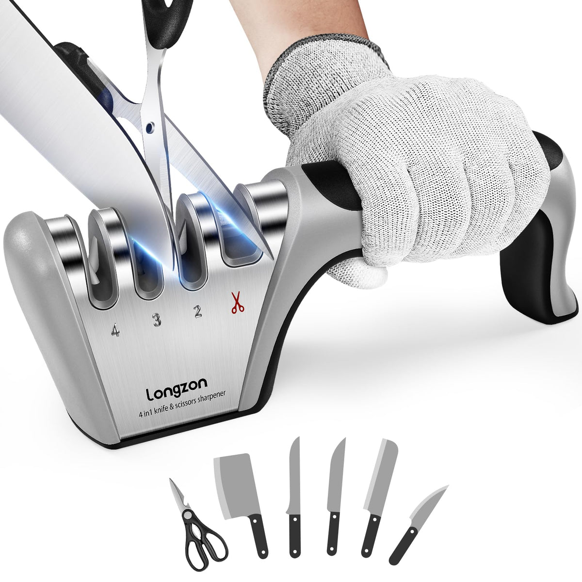 Longzon 5-in-1 4-Stage Knife Sharpener with Safety Glove