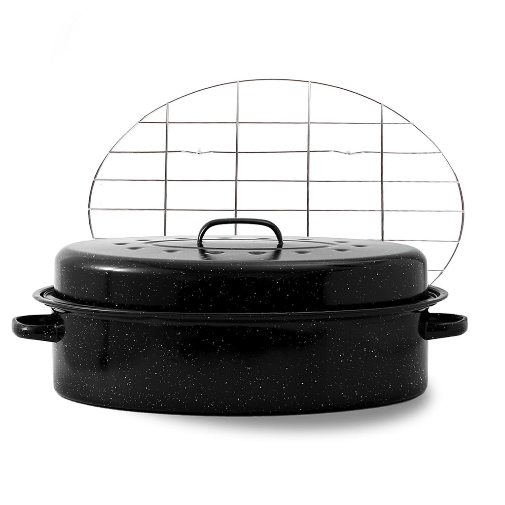 18-Inch Oval Enamel Roasting Pan with Lid & Rack