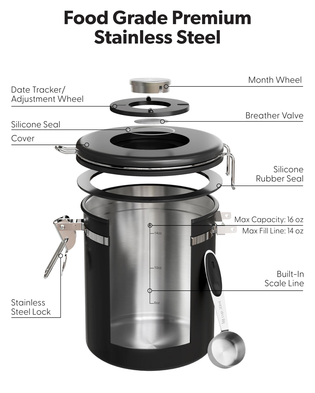 Veken Airtight Stainless Steel Coffee Canister with Scoop