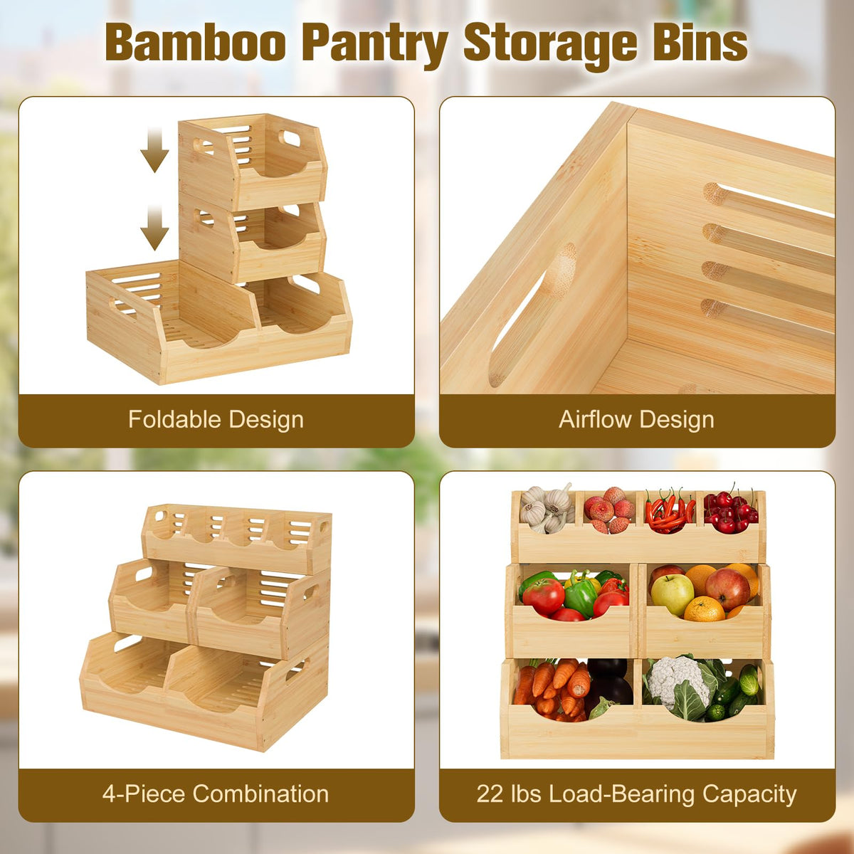 MTGSTOCL Stackable Bamboo Potato & Onion Storage Bin with Rack