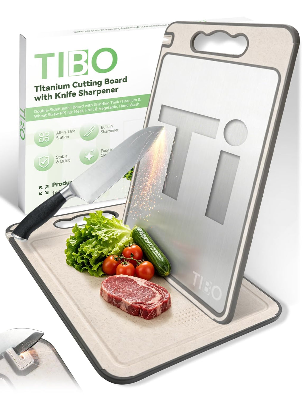TIBO Titanium Cutting Board with Built-In Knife Sharpener