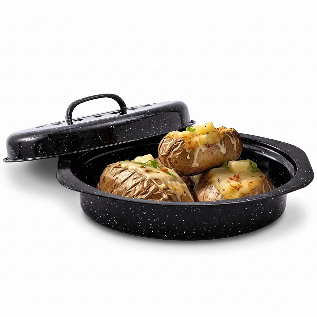 13-Inch Oval Granite Enamel Roasting Pan with Lid
