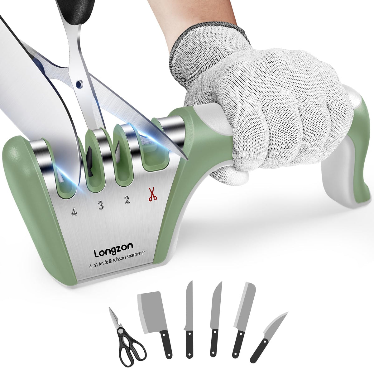 Longzon 5-in-1 4-Stage Knife Sharpener with Safety Glove