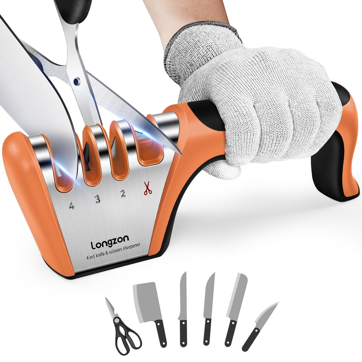 Longzon 5-in-1 4-Stage Knife Sharpener with Safety Glove