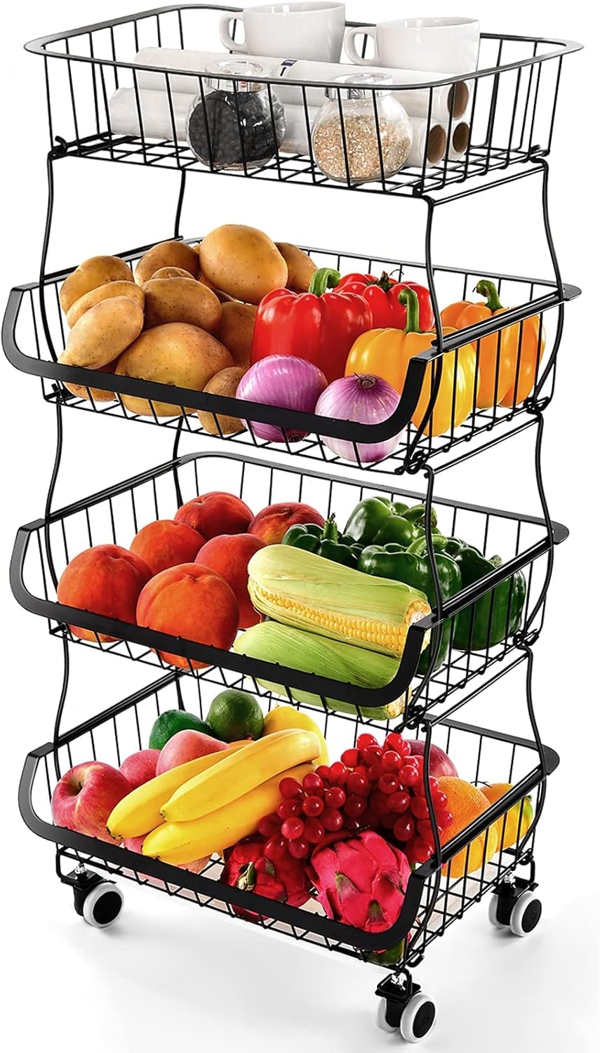 Rolling Wire Pantry Storage Cart with Stackable Baskets