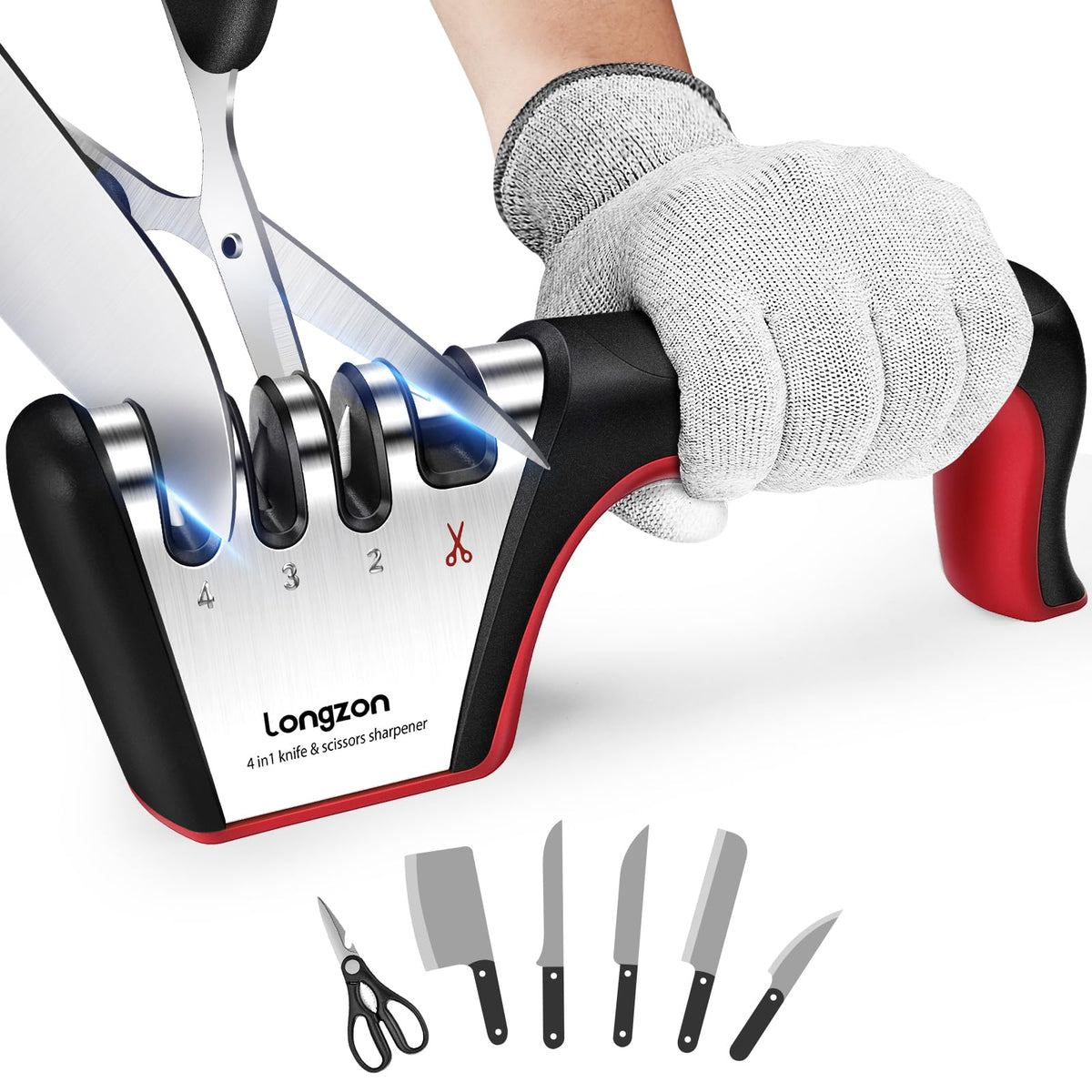 Longzon 5-in-1 4-Stage Knife Sharpener with Safety Glove