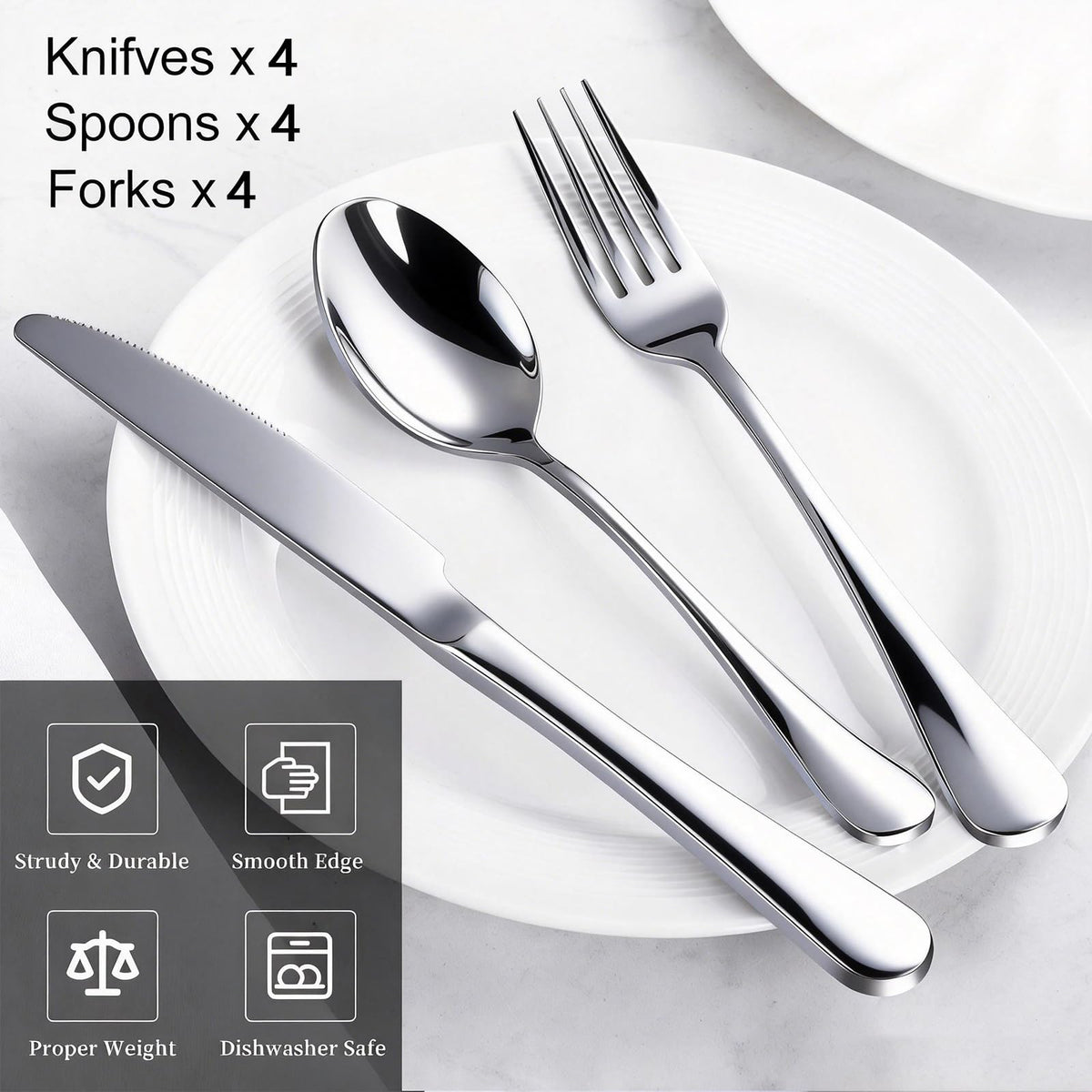 Polished Stainless Steel Silver Flatware Set for Dining