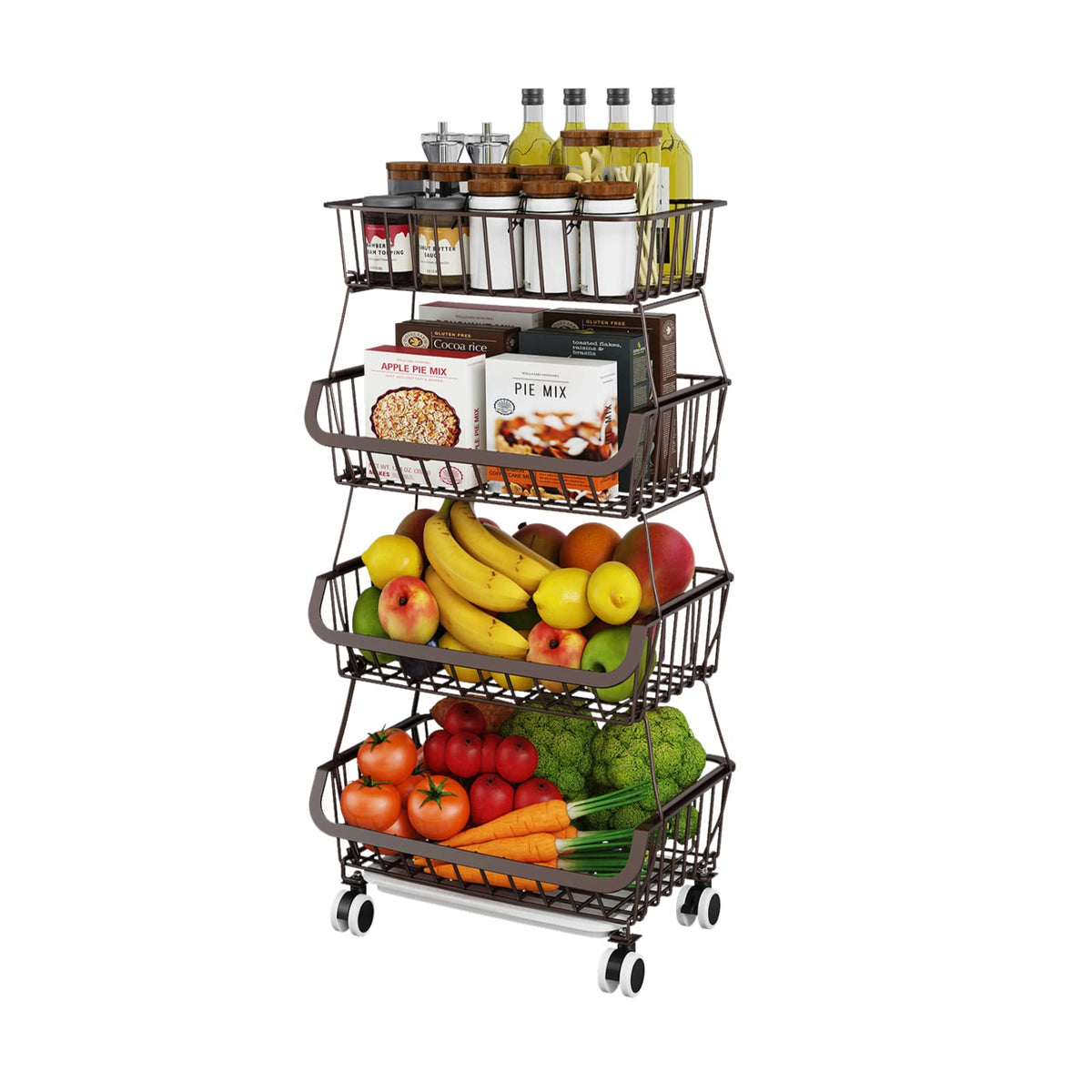 Rolling Wire Pantry Storage Cart with Stackable Baskets