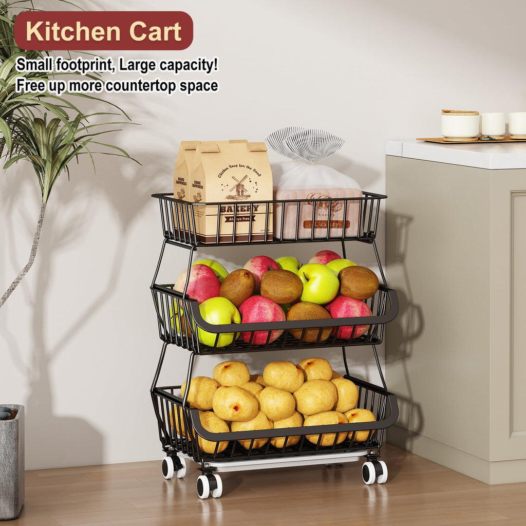 Rolling Wire Pantry Storage Cart with Stackable Baskets