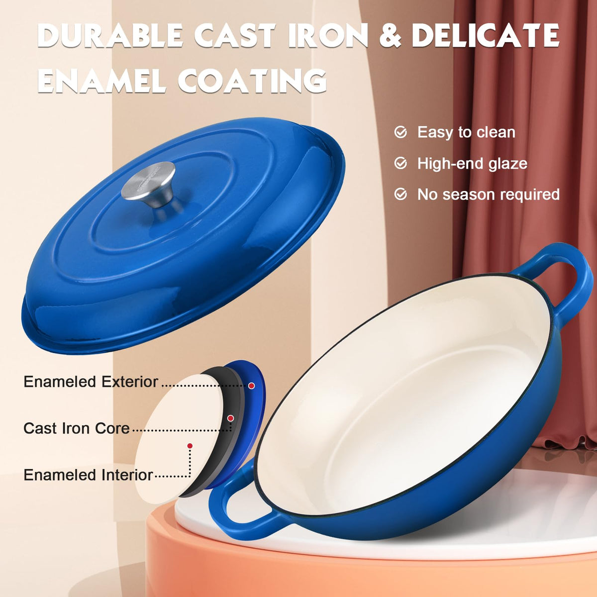 Overmont 3.8-Qt Enameled Cast Iron Braiser with Lid
