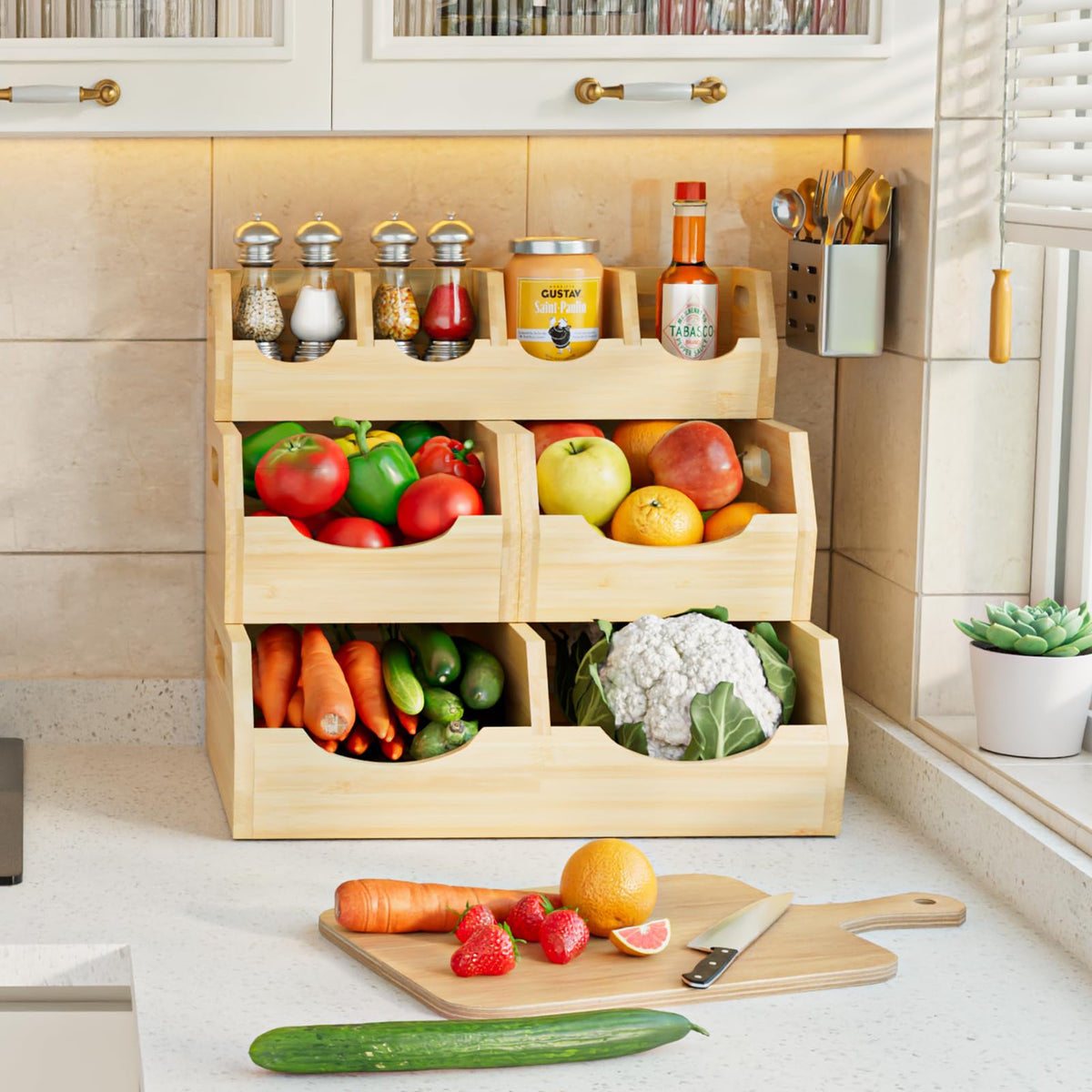 MTGSTOCL Stackable Bamboo Potato & Onion Storage Bin with Rack