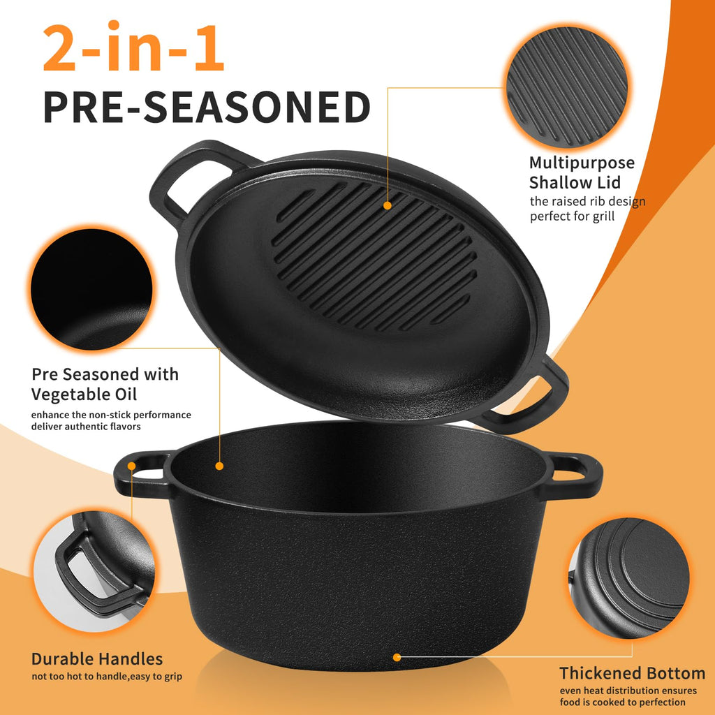5-Qt Cast Iron Dutch Oven Bread Baking Set with Skillet Lid