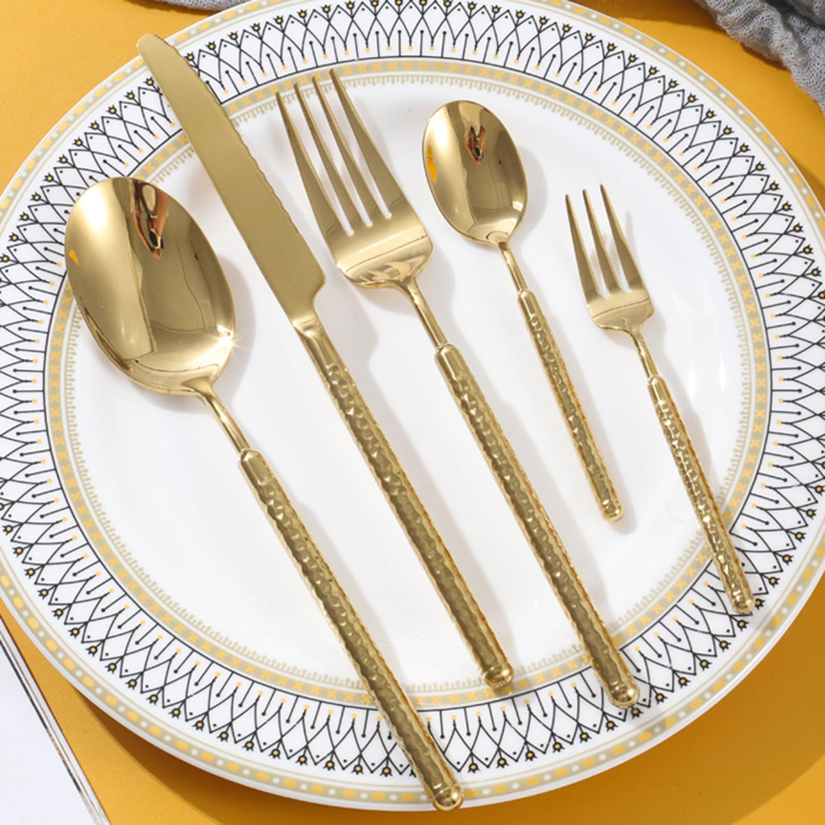36-Piece Gold Hammered Stainless Steel Flatware Set for 6