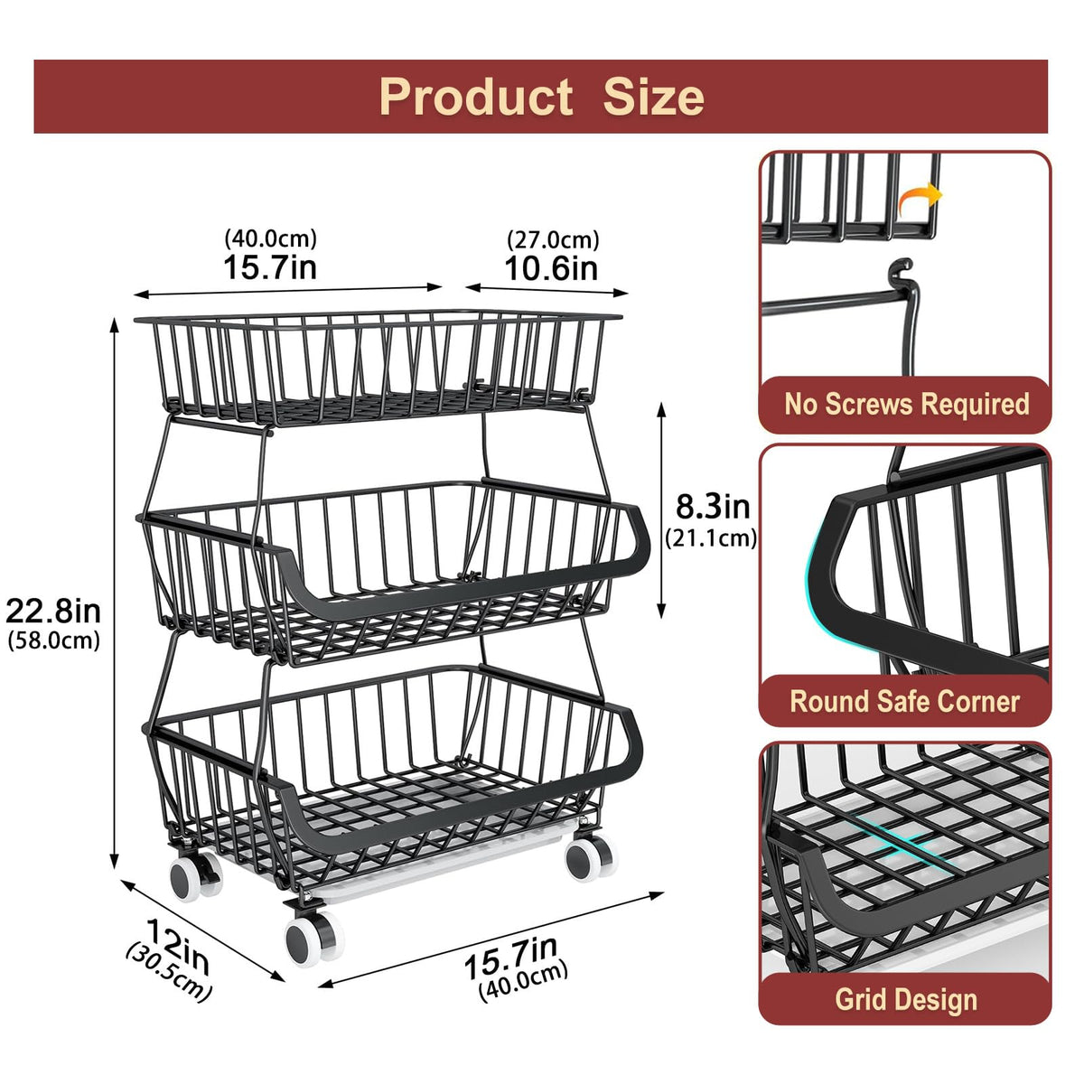 Rolling Wire Pantry Storage Cart with Stackable Baskets