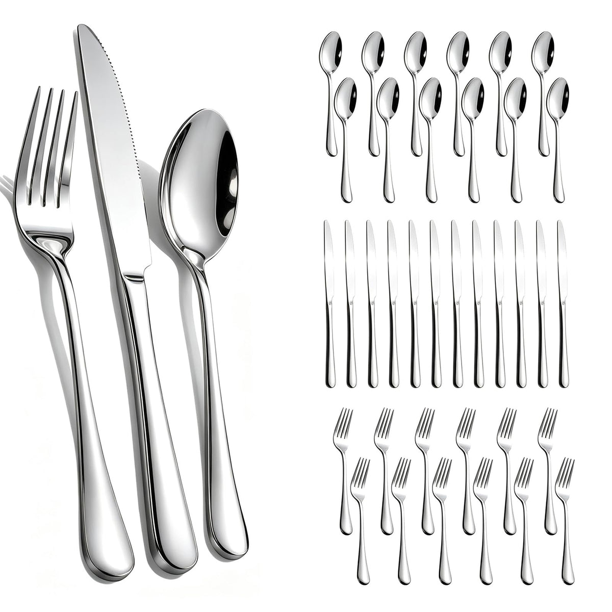 Polished Stainless Steel Silver Flatware Set for Dining