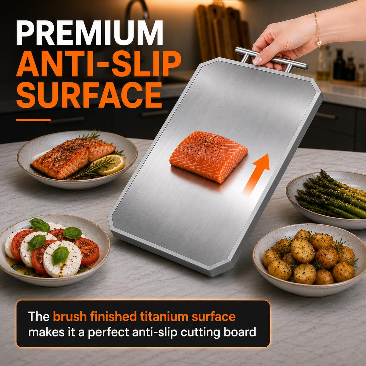 Dual-Sided Titanium & Ebony Wood Cutting Board with Sharpener