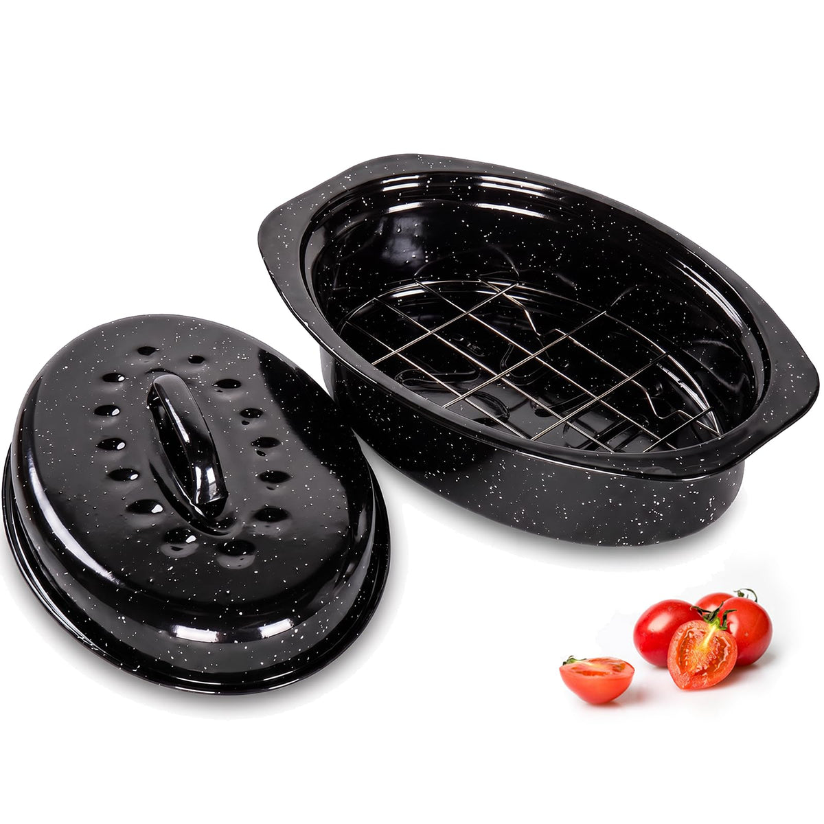 18-Inch Oval Enamel Roasting Pan with Lid & Rack