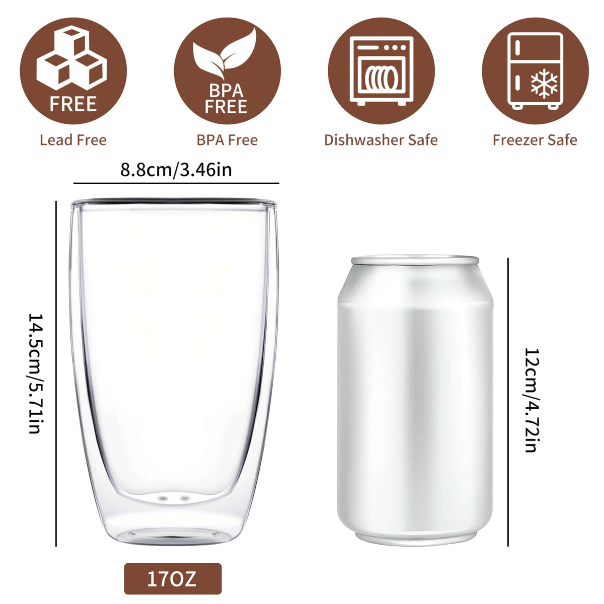 MESNEY 17 oz Double-Wall Insulated Glass Coffee Mugs