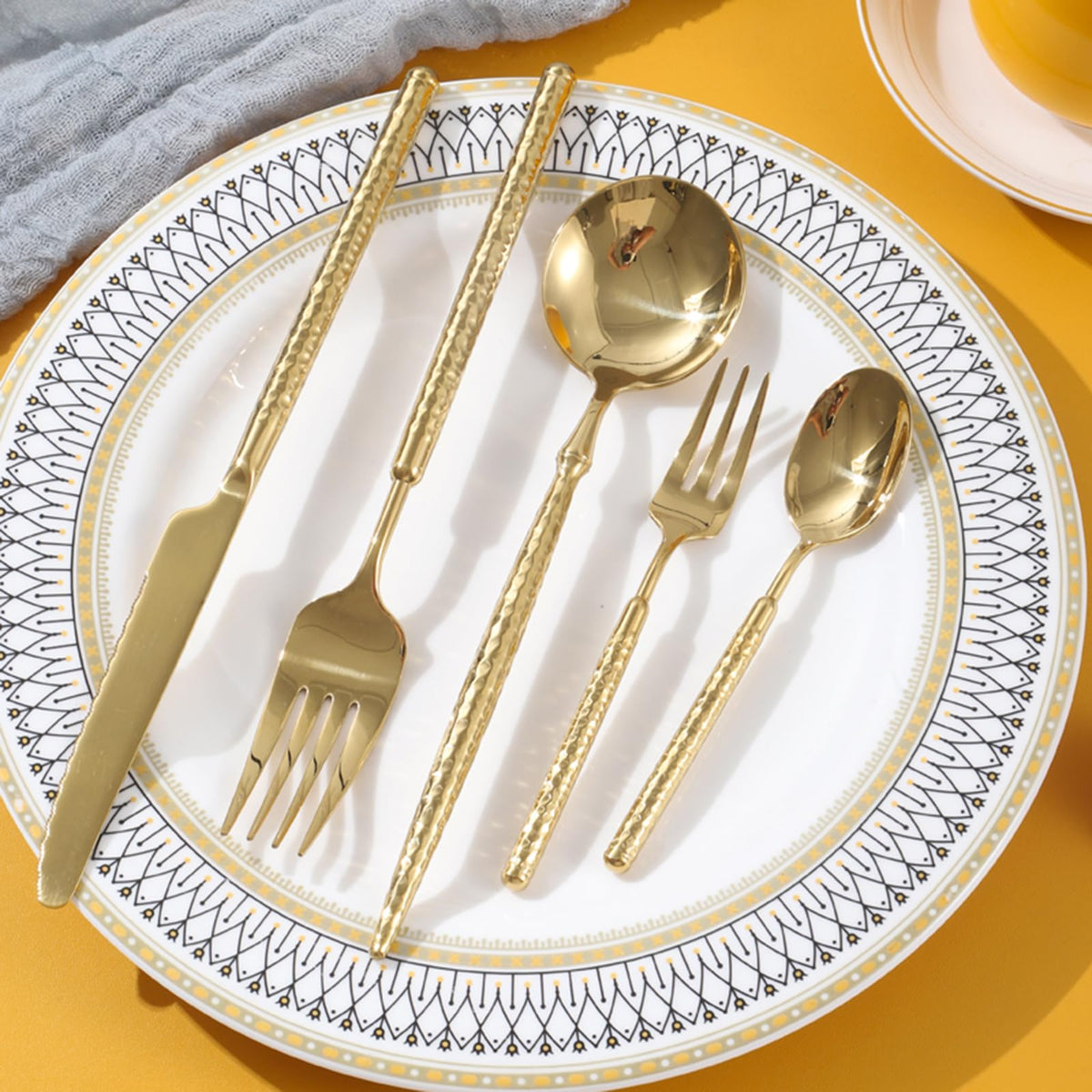 36-Piece Gold Hammered Stainless Steel Flatware Set for 6