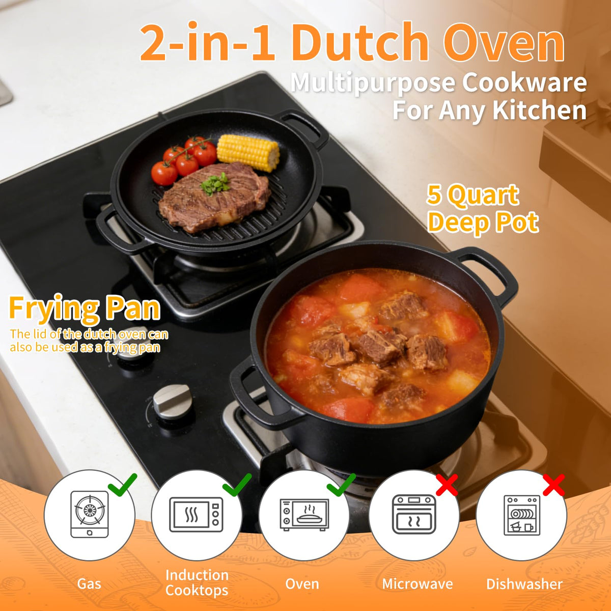 5-Qt Cast Iron Dutch Oven Bread Baking Set with Skillet Lid