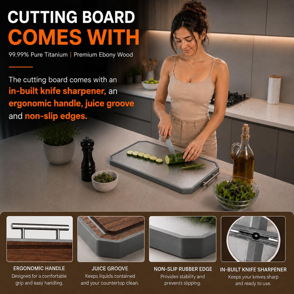Dual-Sided Titanium & Ebony Wood Cutting Board with Sharpener
