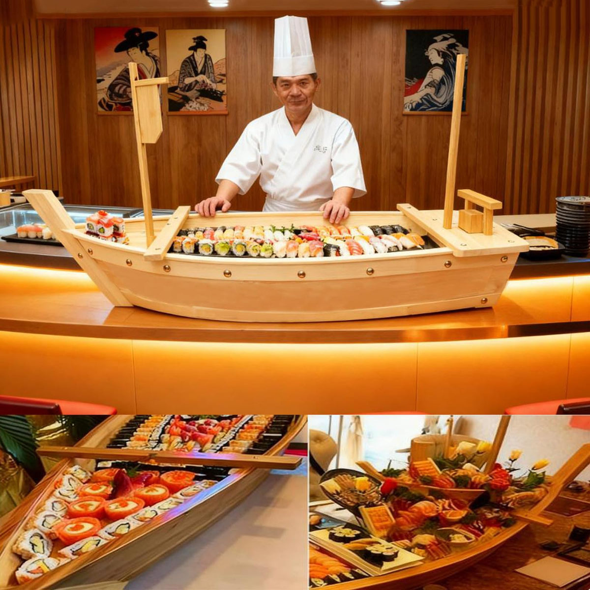 Wooden Sushi Boat Serving Tray for Sashimi & Appetizers