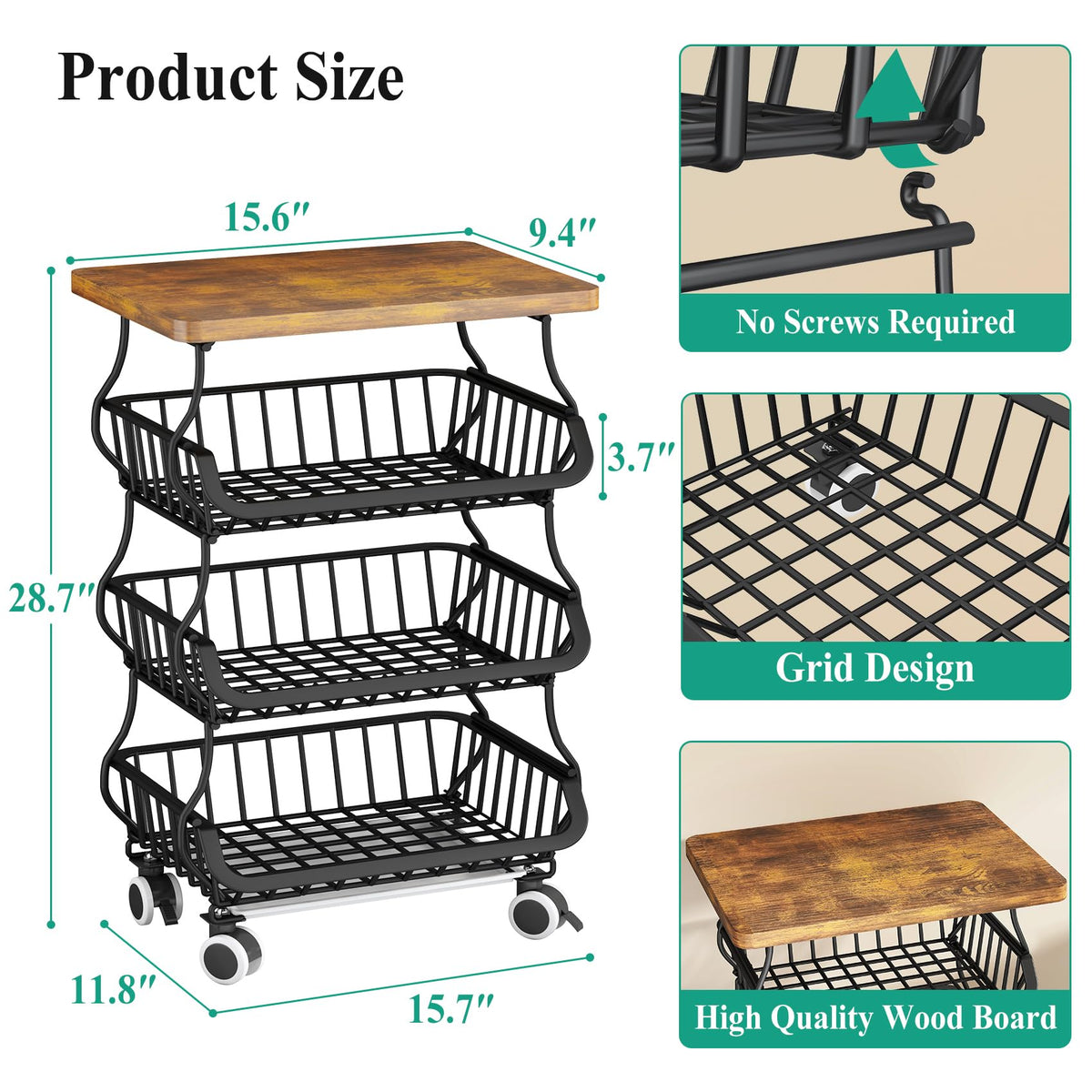 SAYZH Fruit & Vegetable Storage Basket Stand with Wood Top