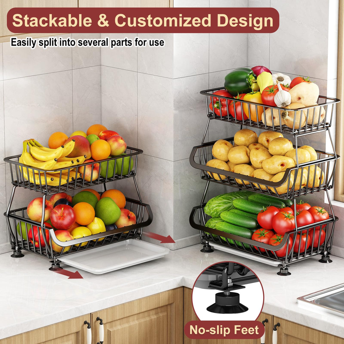Rolling Wire Pantry Storage Cart with Stackable Baskets