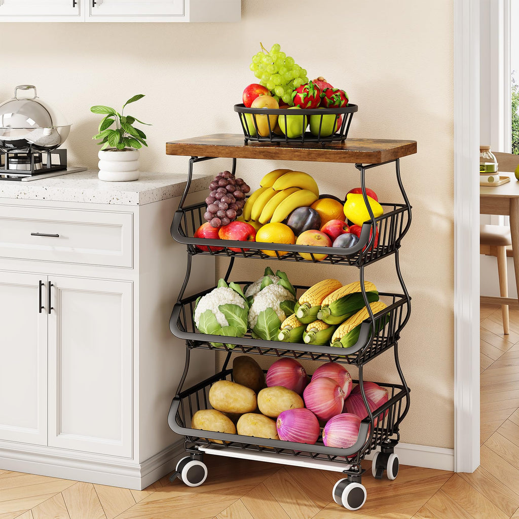 SAYZH Fruit & Vegetable Storage Basket Stand with Wood Top