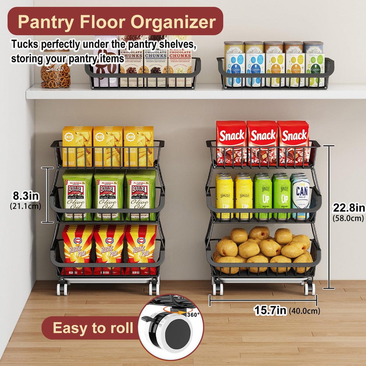 Rolling Wire Pantry Storage Cart with Stackable Baskets