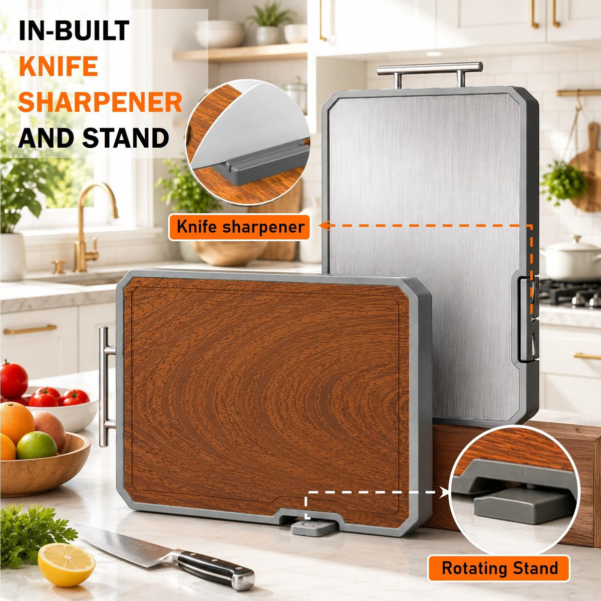 Dual-Sided Titanium & Ebony Wood Cutting Board with Sharpener