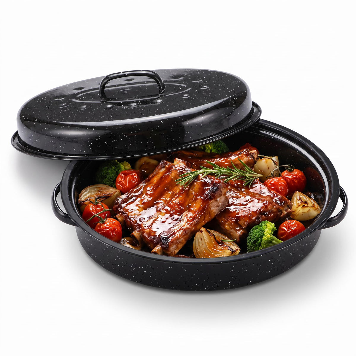13-Inch Oval Granite Enamel Roasting Pan with Lid
