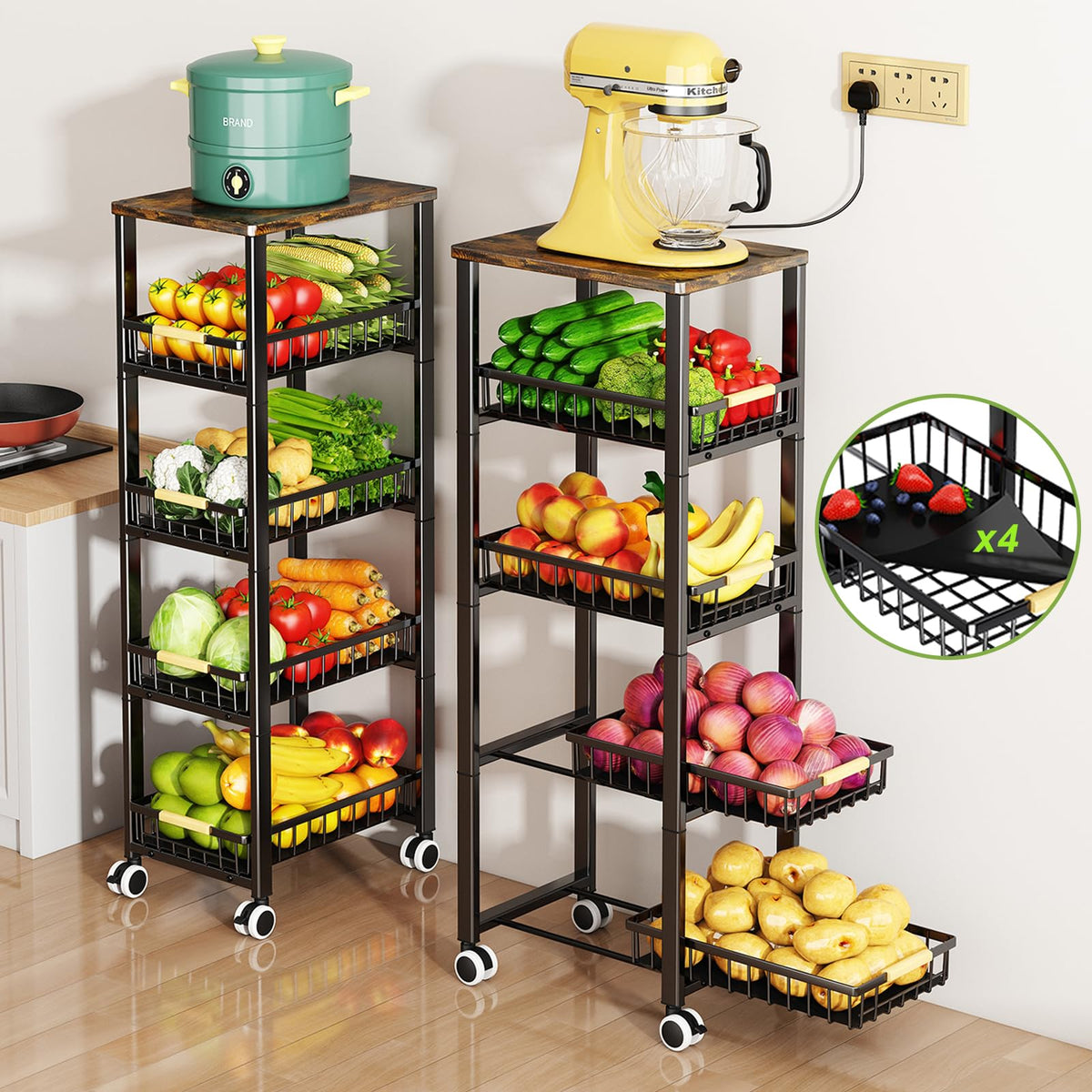 Rolling Wire Pantry Storage Cart with Stackable Baskets