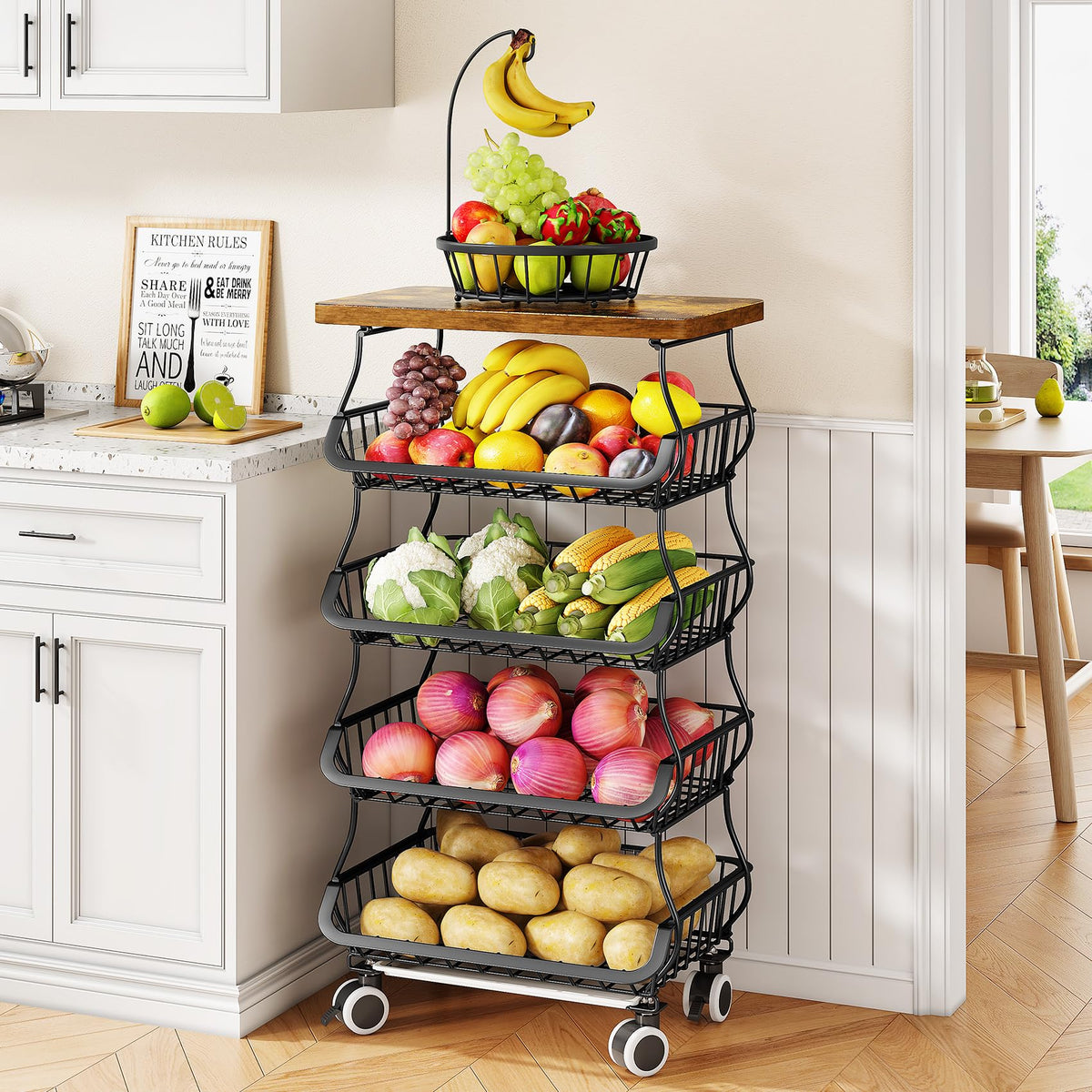 SAYZH Fruit & Vegetable Storage Basket Stand with Wood Top