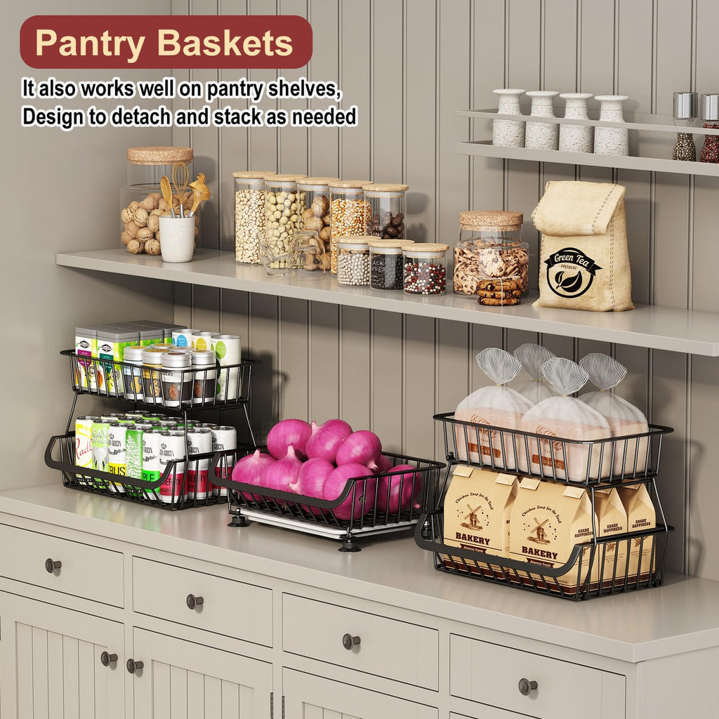 Rolling Wire Pantry Storage Cart with Stackable Baskets