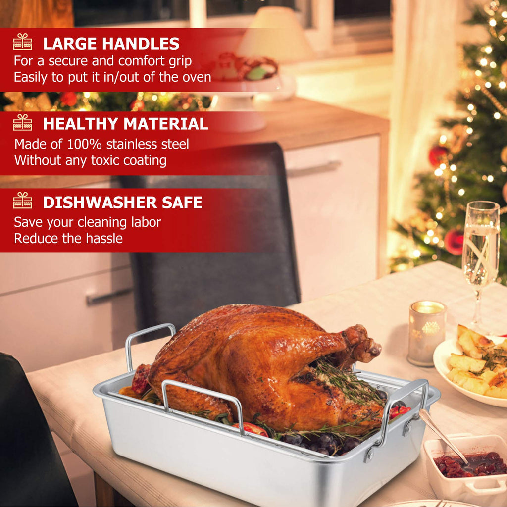 P&P CHEF Stainless Steel Roasting Pan with Racks for Turkey