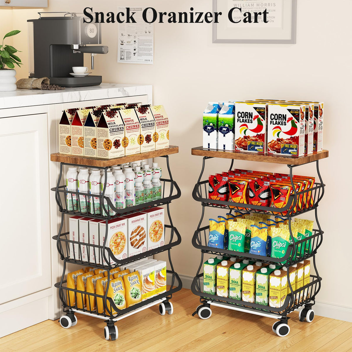 SAYZH Fruit & Vegetable Storage Basket Stand with Wood Top