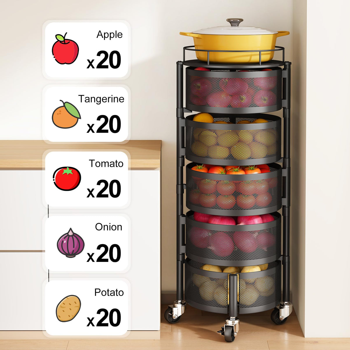SNTD 5-Tier Rotating Fruit & Vegetable Basket, Beige