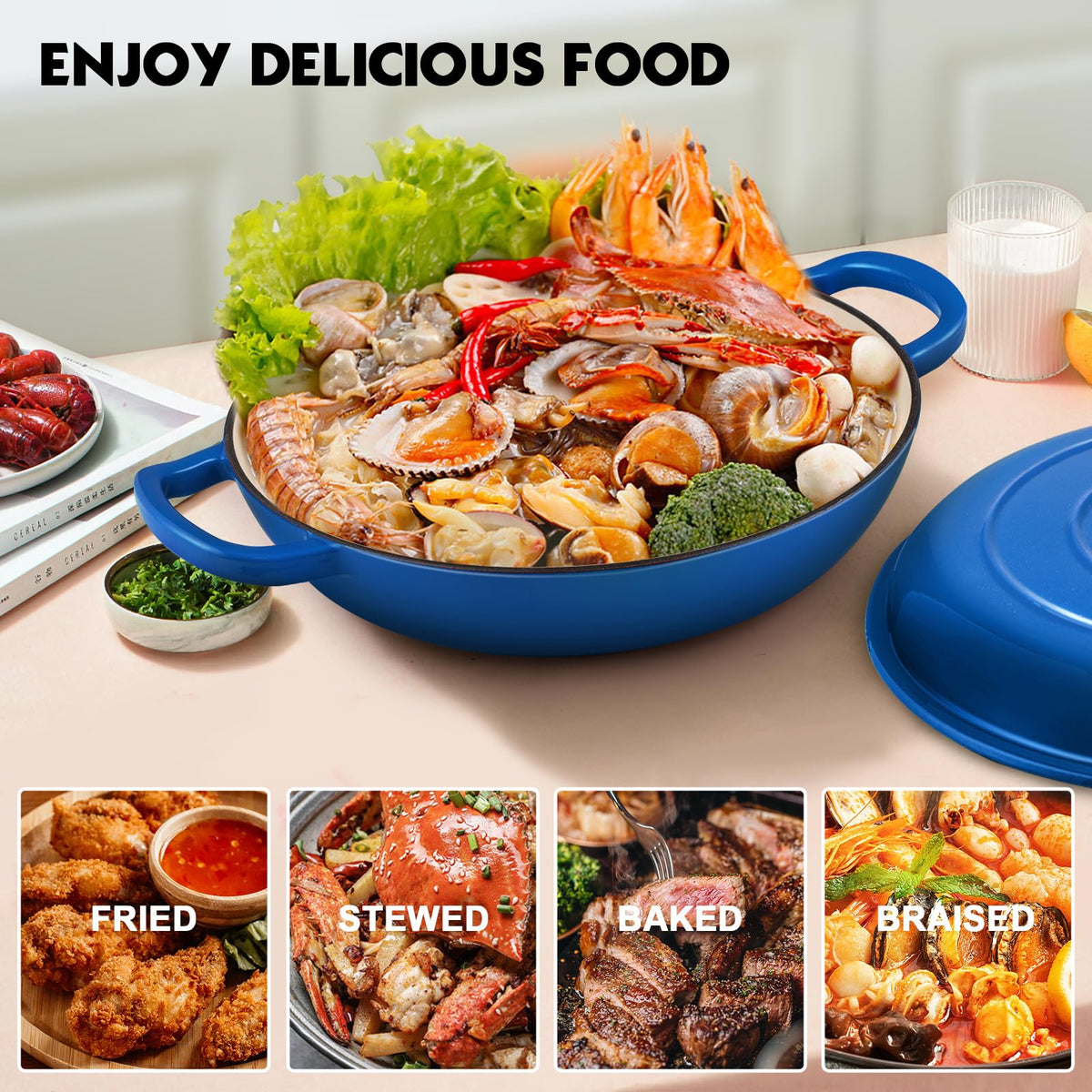 Overmont 3.8-Qt Enameled Cast Iron Braiser with Lid