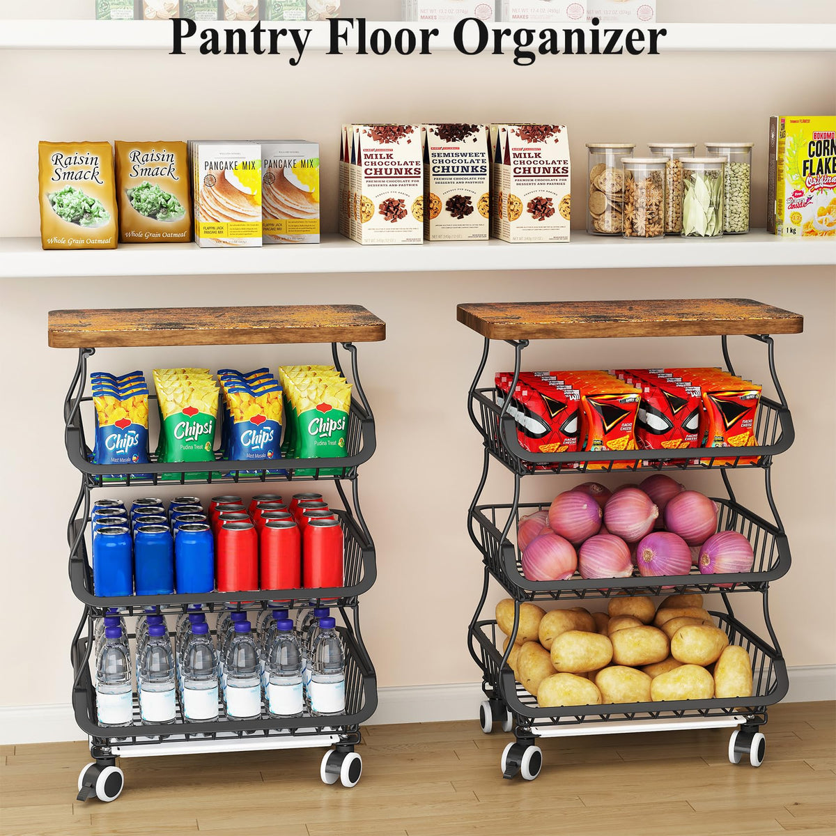 SAYZH Fruit & Vegetable Storage Basket Stand with Wood Top